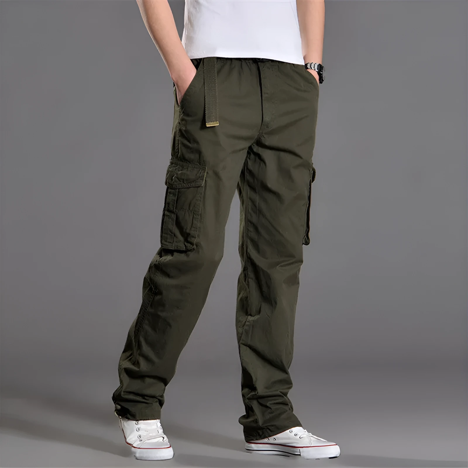 Men's cotton straight casual trousers in khaki, side view showing mid waist and straight leg cut