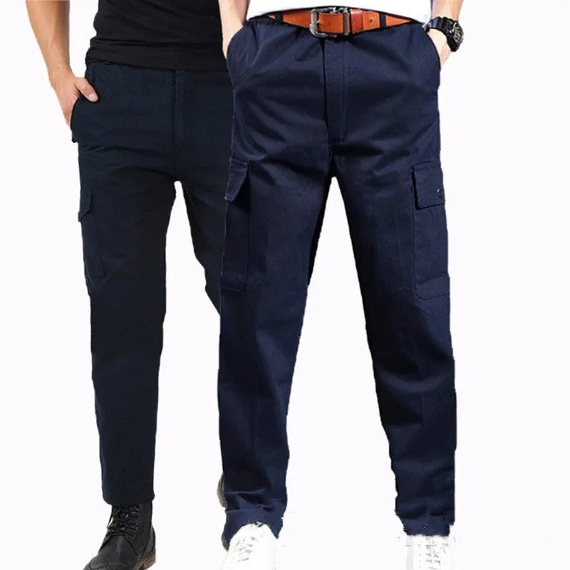 Men's cotton straight casual trousers in khaki, side view showing mid waist and straight leg cut