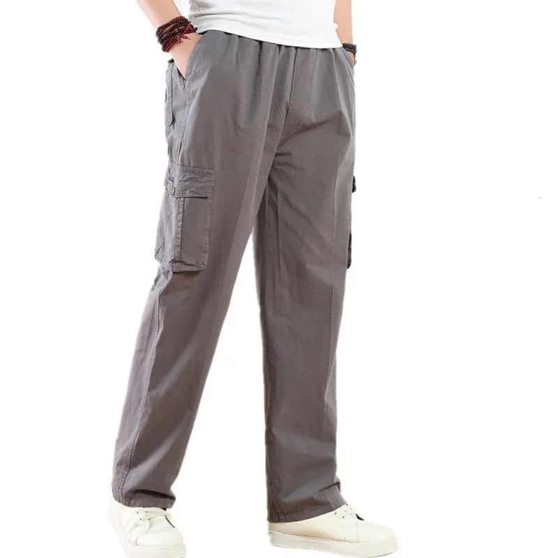 Men's cotton straight casual trousers in khaki, side view showing mid waist and straight leg cut