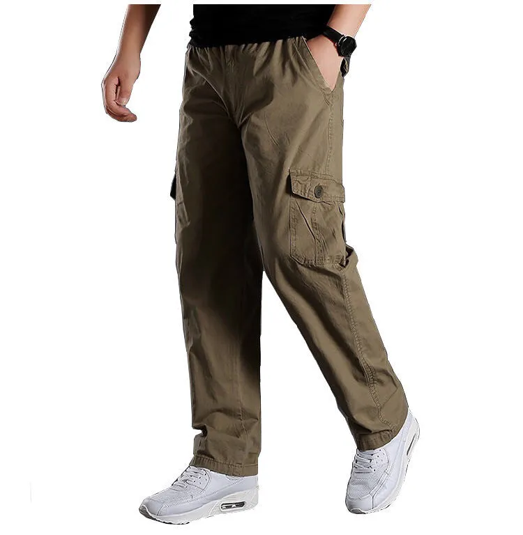 Men's cotton straight casual trousers in khaki, side view showing mid waist and straight leg cut