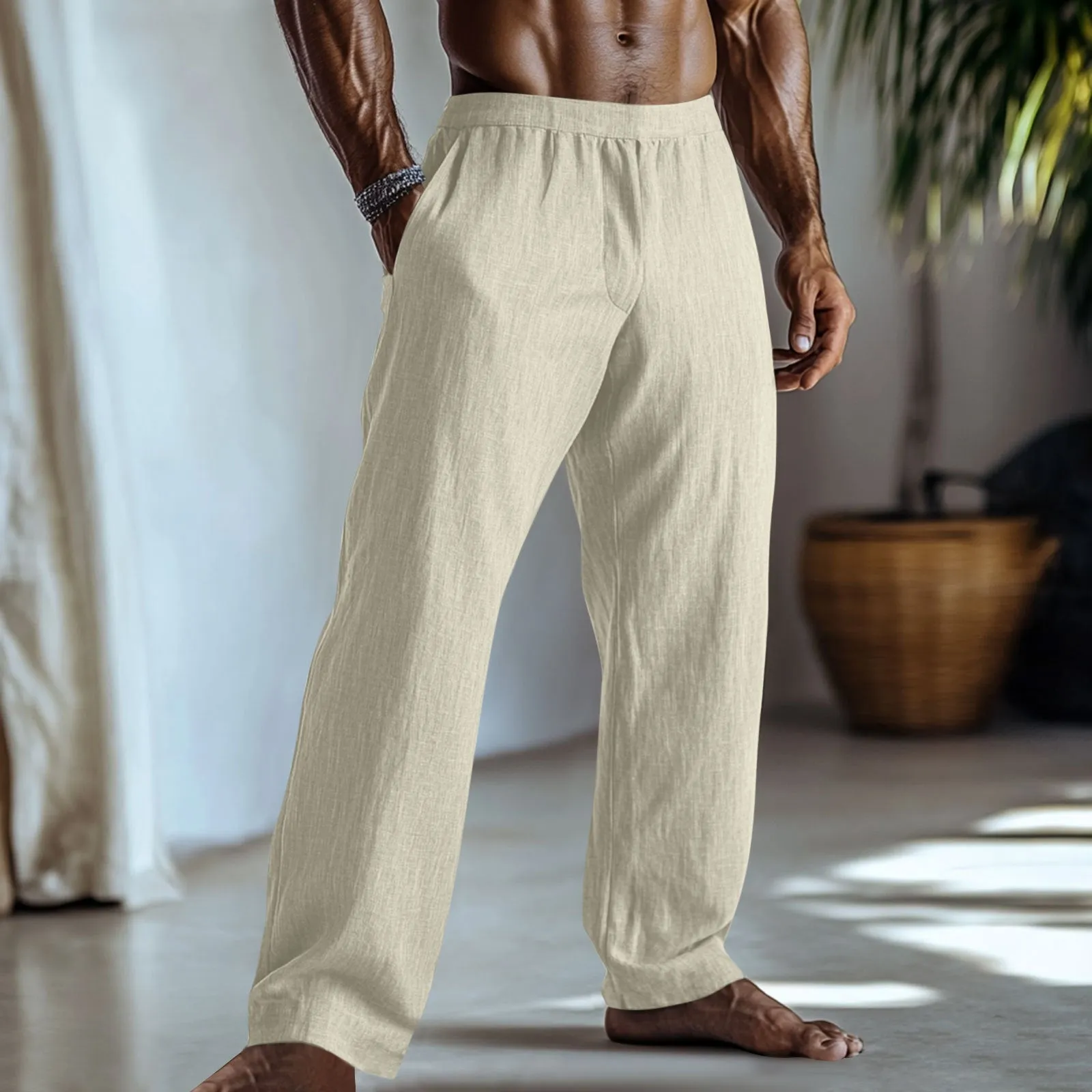 Cotton and linen straight-leg casual trousers in light green colour with pockets