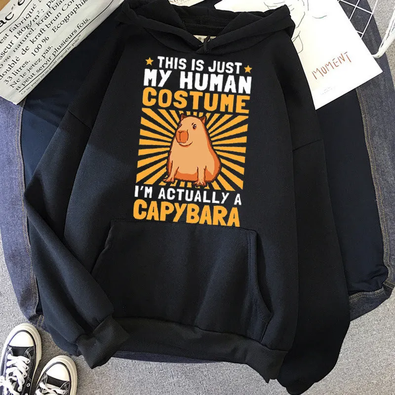 Grey capybara hoodie for women Korean hip hop anime harajuku casual pullover with hood and side pockets on model