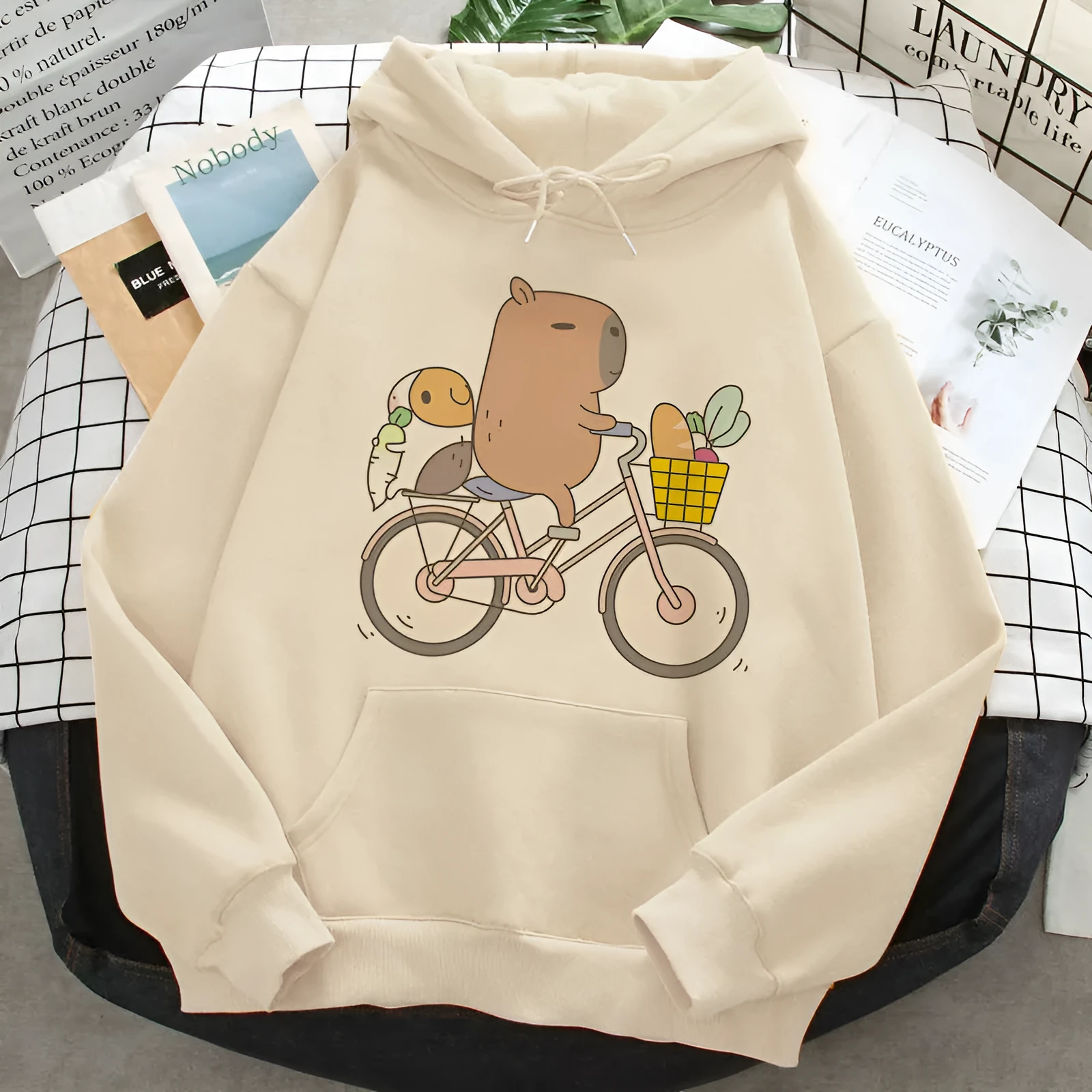 Grey capybara hoodie for women Korean hip hop anime harajuku casual pullover with hood and side pockets on model