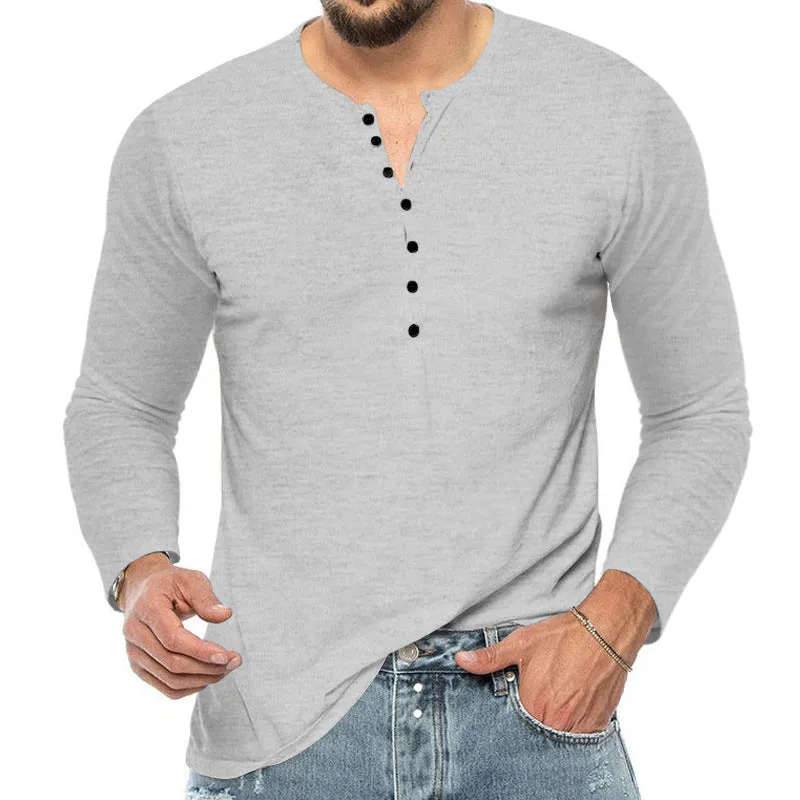 Men's breathable polyester long sleeve henley t-shirt in army green with henley neckline, front view
