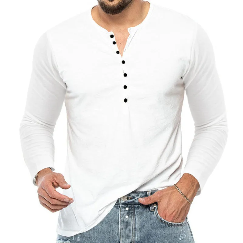 Men's breathable polyester long sleeve henley t-shirt in army green with henley neckline, front view