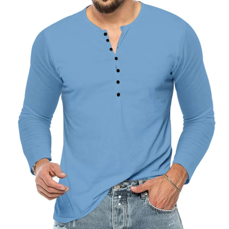 Men's breathable polyester long sleeve henley t-shirt in army green with henley neckline, front view