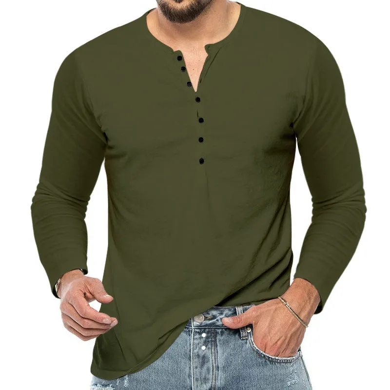Men's breathable polyester long sleeve henley t-shirt in army green with henley neckline, front view