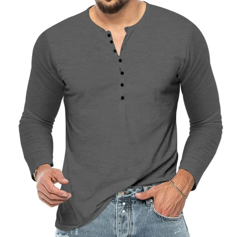 Men's breathable polyester long sleeve henley t-shirt in army green with henley neckline, front view