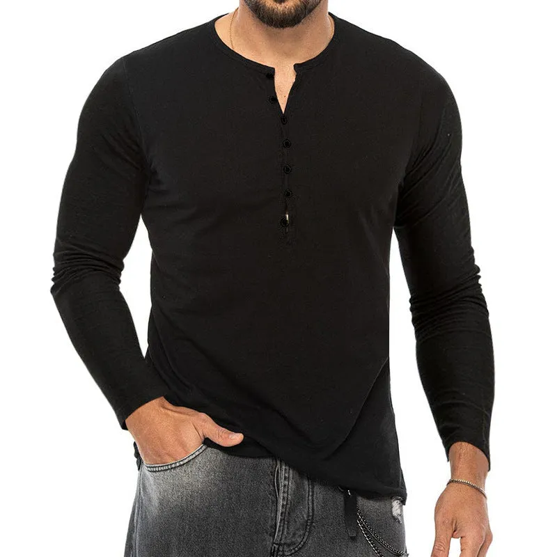Men's breathable polyester long sleeve henley t-shirt in army green with henley neckline, front view