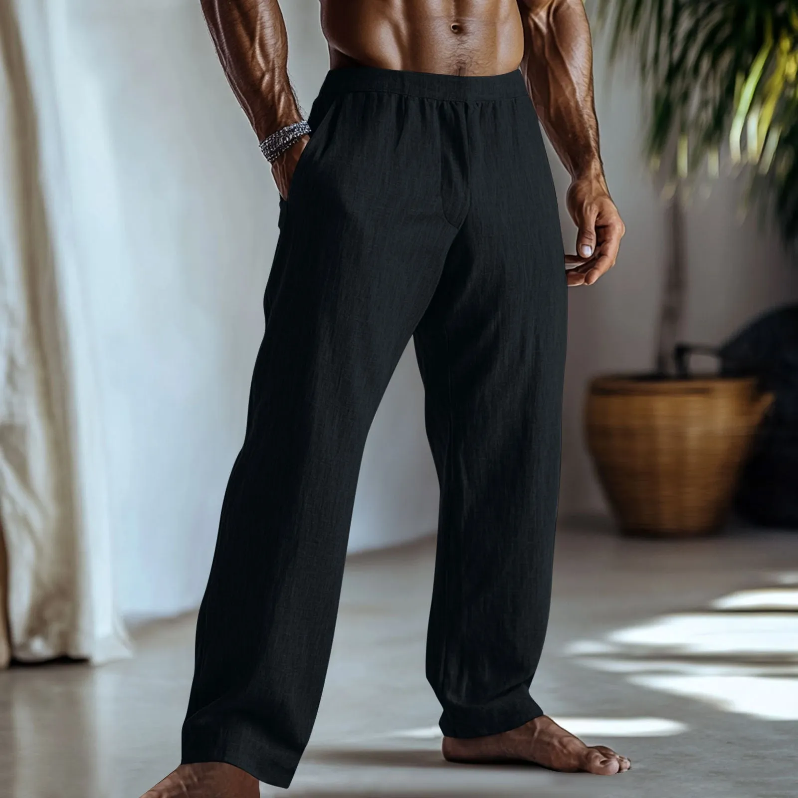 Straight leg casual trousers in cotton and linen fabric, shown in light green colour with side pockets.