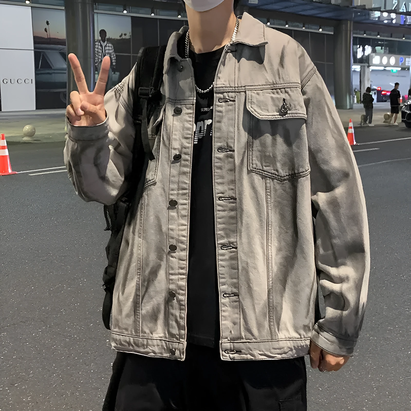 Men's Hong Kong style tie-dye denim coat in gray, loose fit with side seam pockets, autumn casual wear