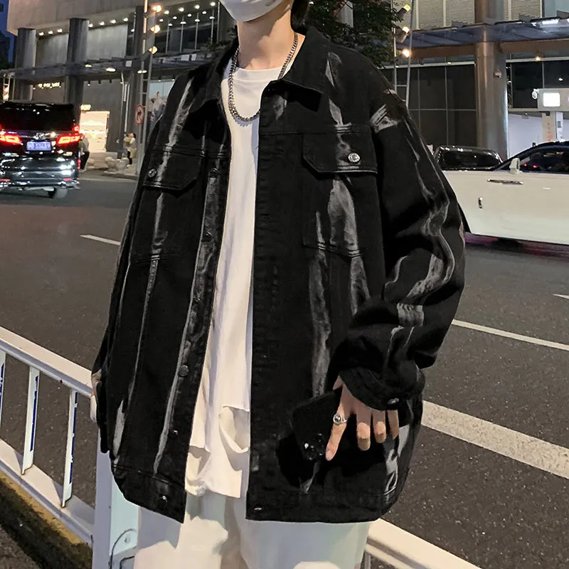 Men's Hong Kong style tie-dye denim coat in gray, loose fit with side seam pockets, autumn casual wear