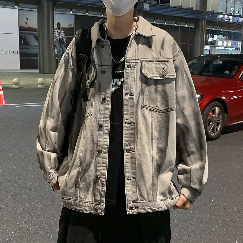 Men's Hong Kong style tie-dye denim coat in gray, loose fit with side seam pockets, autumn casual wear