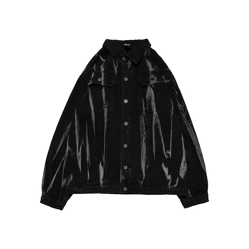Men's Hong Kong style tie-dye denim coat in gray, loose fit with side seam pockets, autumn casual wear