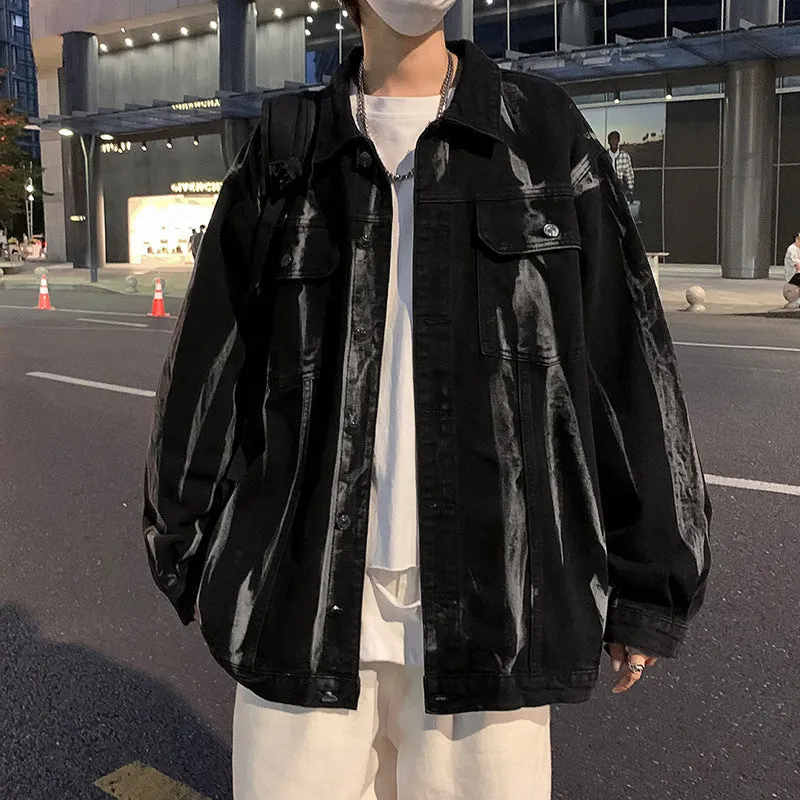 Men's Hong Kong style tie-dye denim coat in gray, loose fit with side seam pockets, autumn casual wear