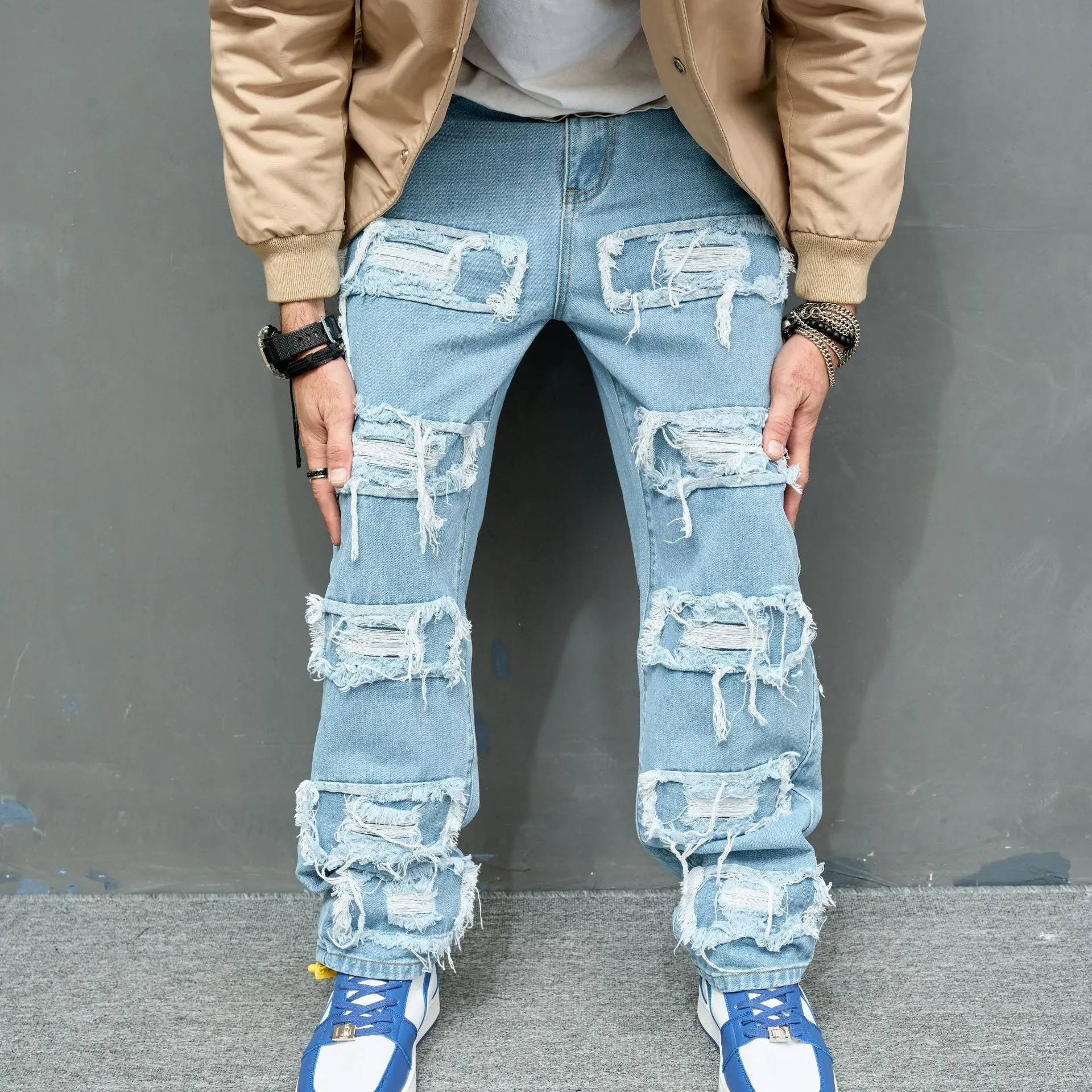 Men's worn stretch slim fit jeans in Denim Blue, cotton denim, mid waist, zipper fly, sizes 28-38