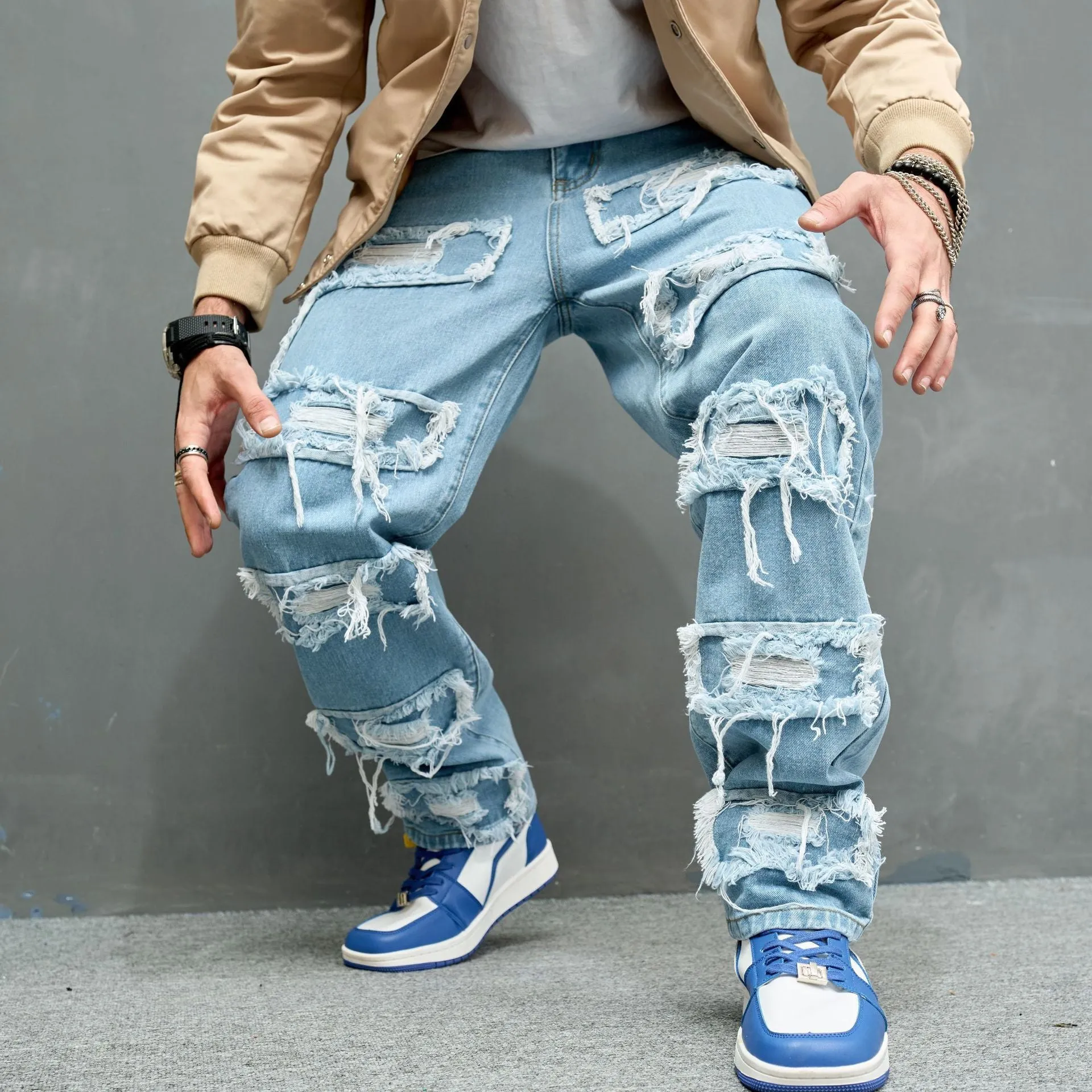 Men's worn stretch slim fit jeans in Denim Blue, cotton denim, mid waist, zipper fly, sizes 28-38