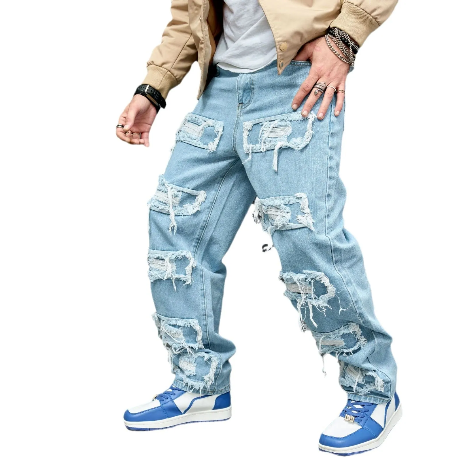 Men's worn stretch slim fit jeans in Denim Blue, cotton denim, mid waist, zipper fly, sizes 28-38