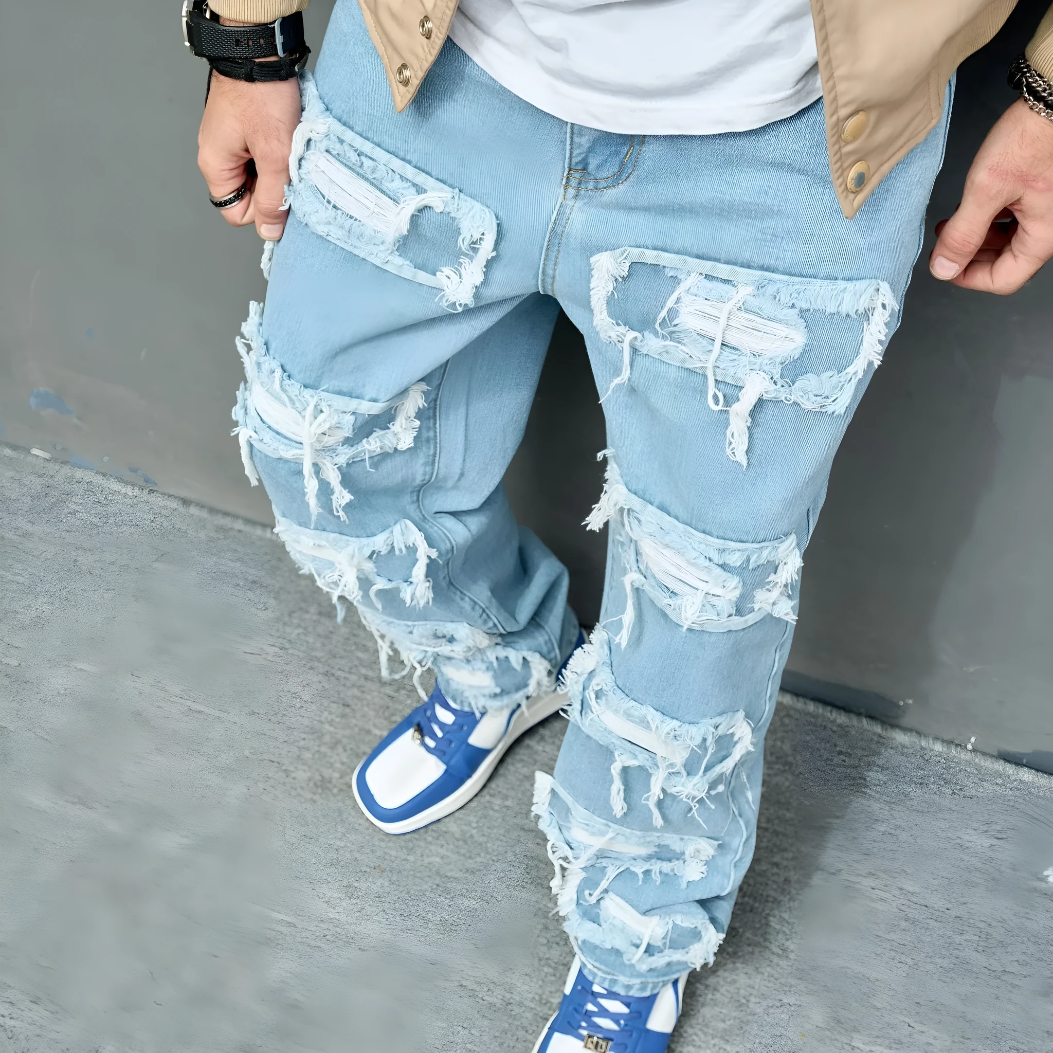 Men's worn stretch slim fit jeans in Denim Blue, cotton denim, mid waist, zipper fly, sizes 28-38