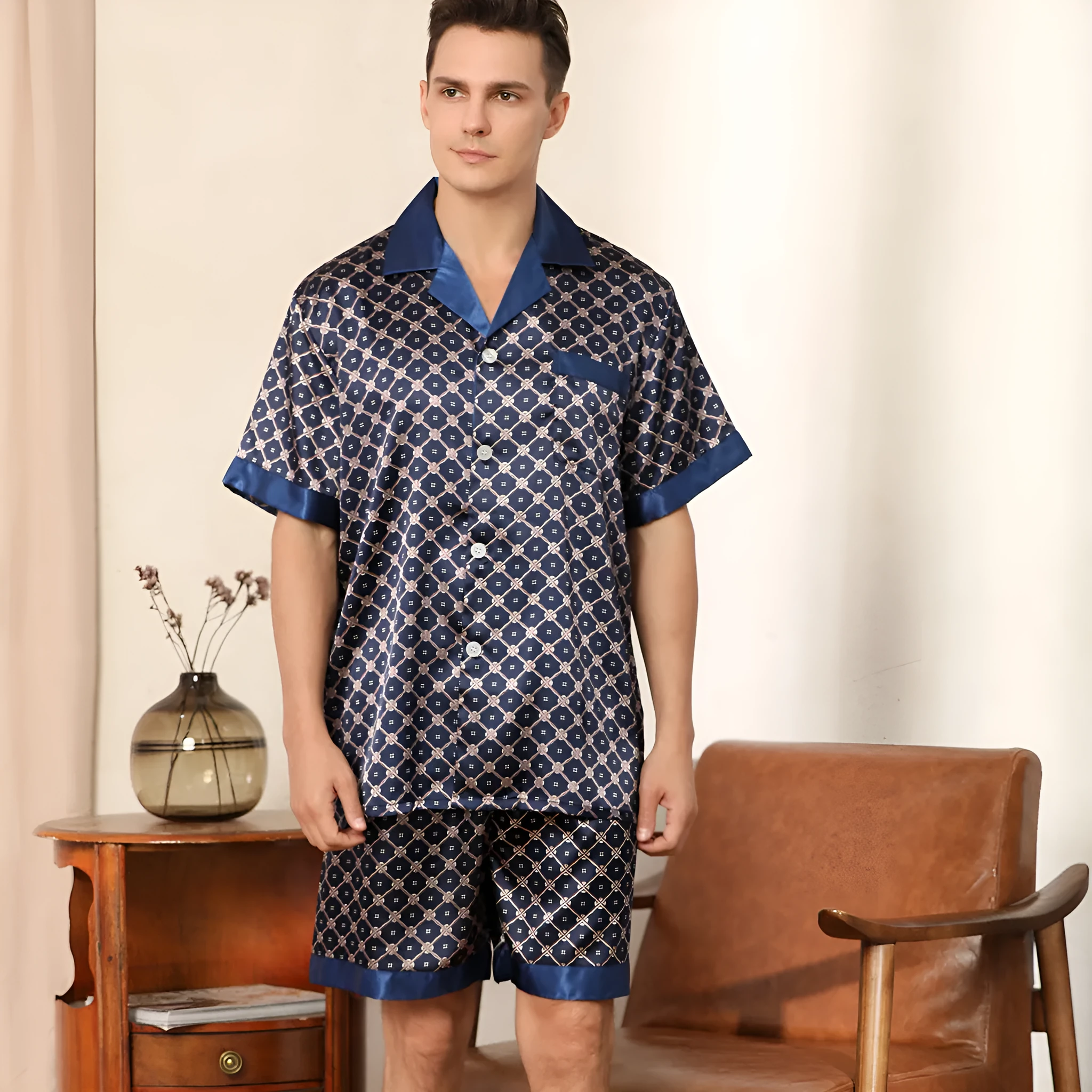 Men's summer printed short-sleeved shorts pyjama set in polyester, dark blue colour, front view