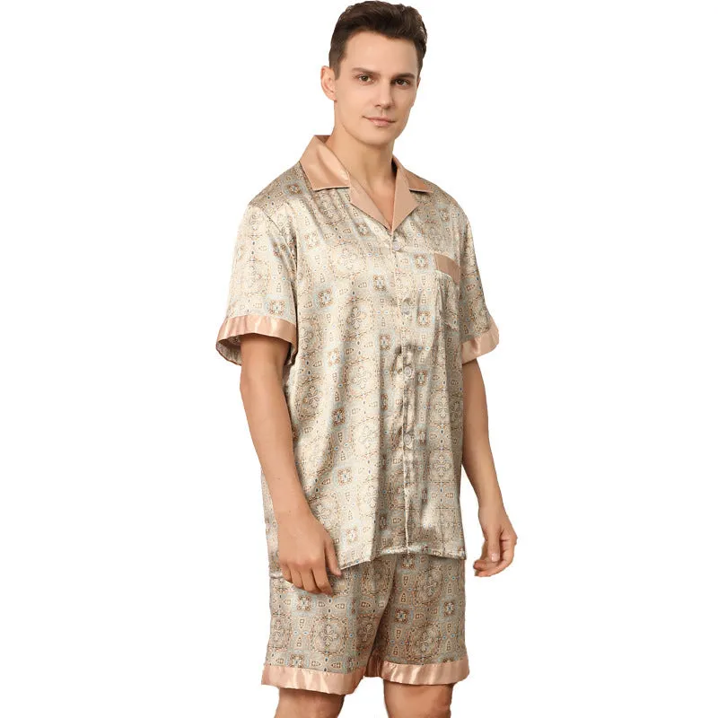 Men's summer printed short-sleeved shorts pyjama set in polyester, dark blue colour, front view
