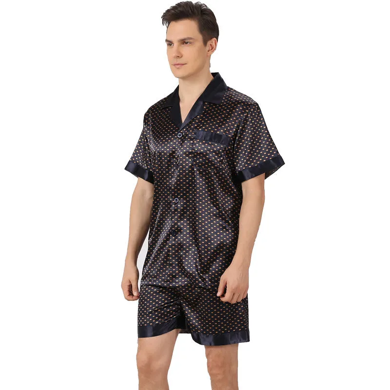 Men's summer printed short-sleeved shorts pyjama set in polyester, dark blue colour, front view