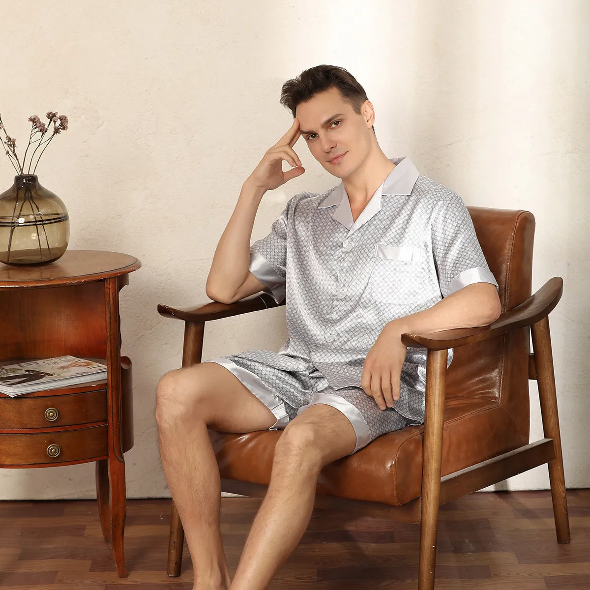 Men's summer printed short-sleeved shorts pyjama set in polyester, dark blue colour, front view