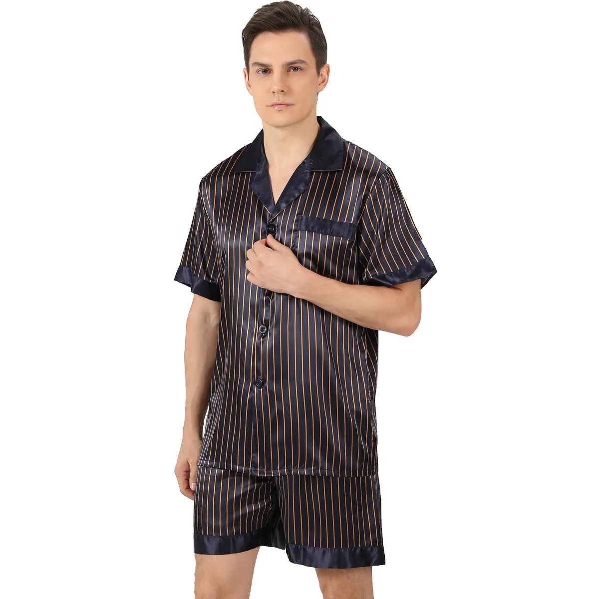 Men's summer printed short-sleeved shorts pyjama set in polyester, dark blue colour, front view