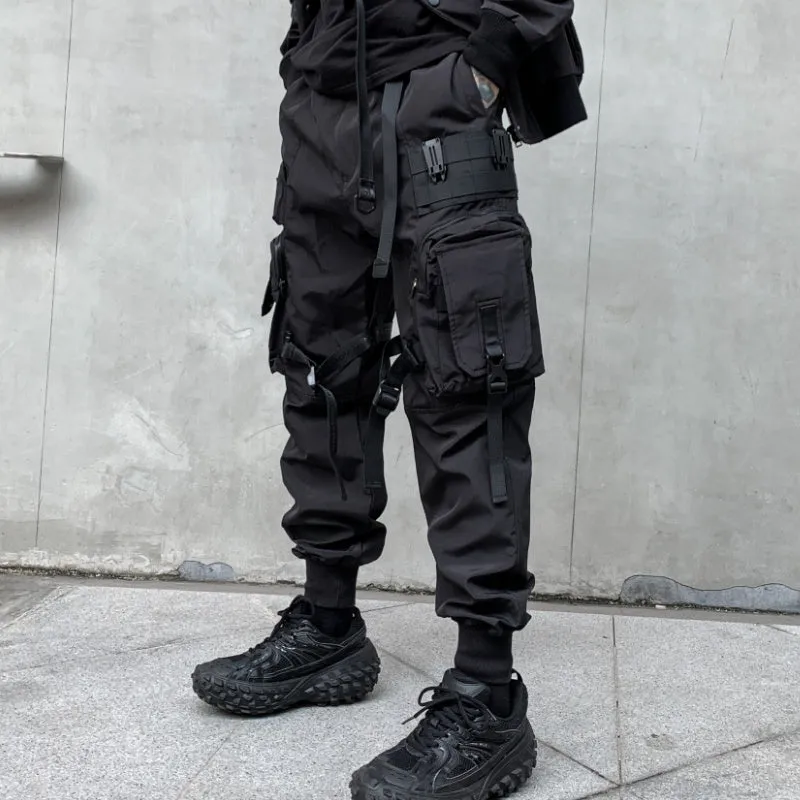Men's black casual overalls loose fit binding hem trousers front view on mannequin