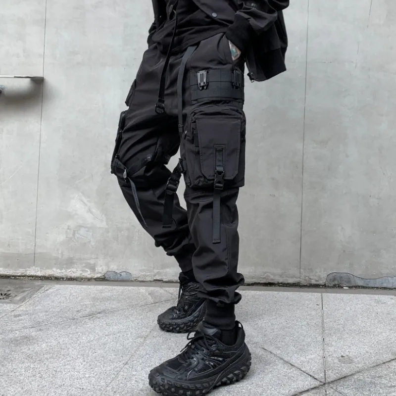 Men's black casual overalls loose fit binding hem trousers front view on mannequin
