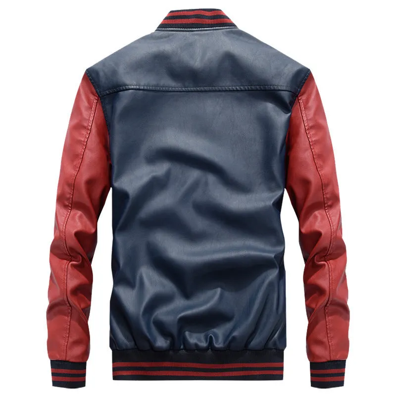 Men's casual PU leather jacket in red with full polyester lining, front view with zip closure