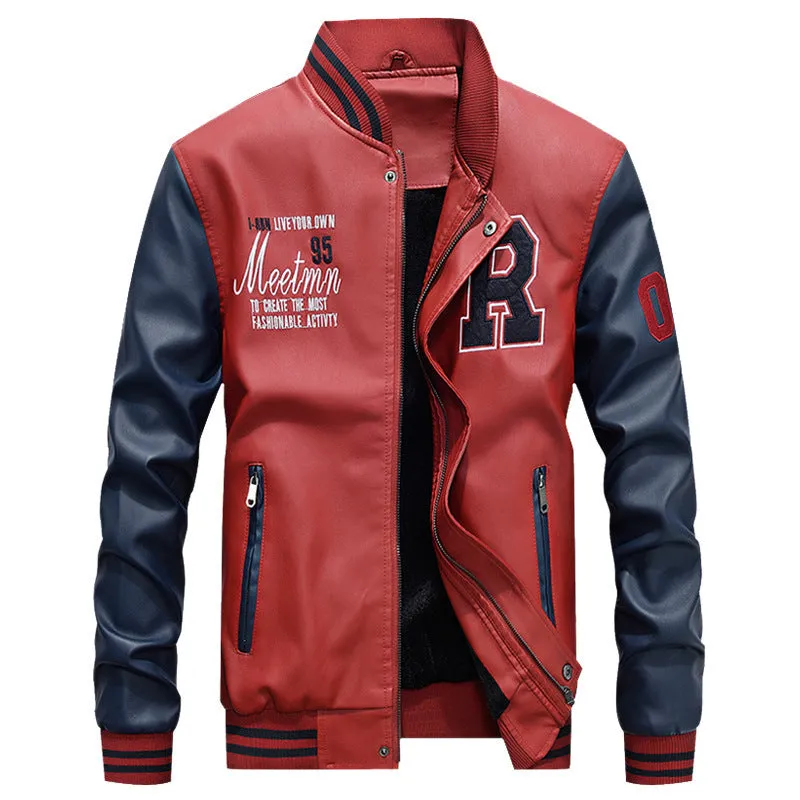 Men's casual PU leather jacket in red with full polyester lining, front view with zip closure