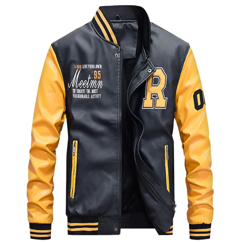 Men's casual PU leather jacket in red with full polyester lining, front view with zip closure