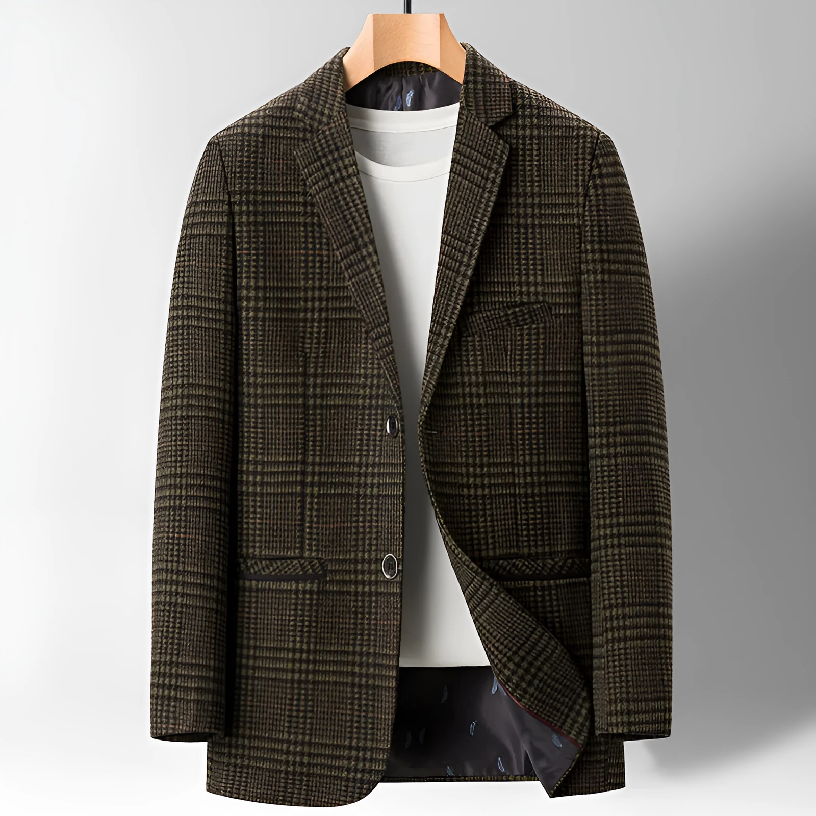 Men's plaid casual suit jacket in khaki colour, light business style made from polyester fibre