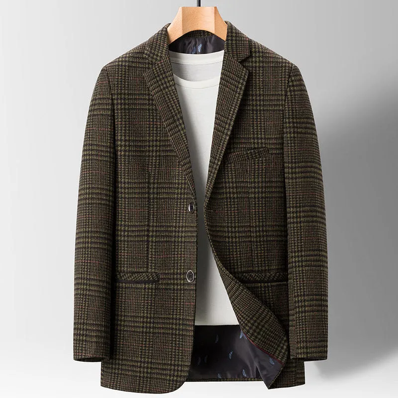 Men's plaid casual suit jacket in khaki colour, light business style made from polyester fibre