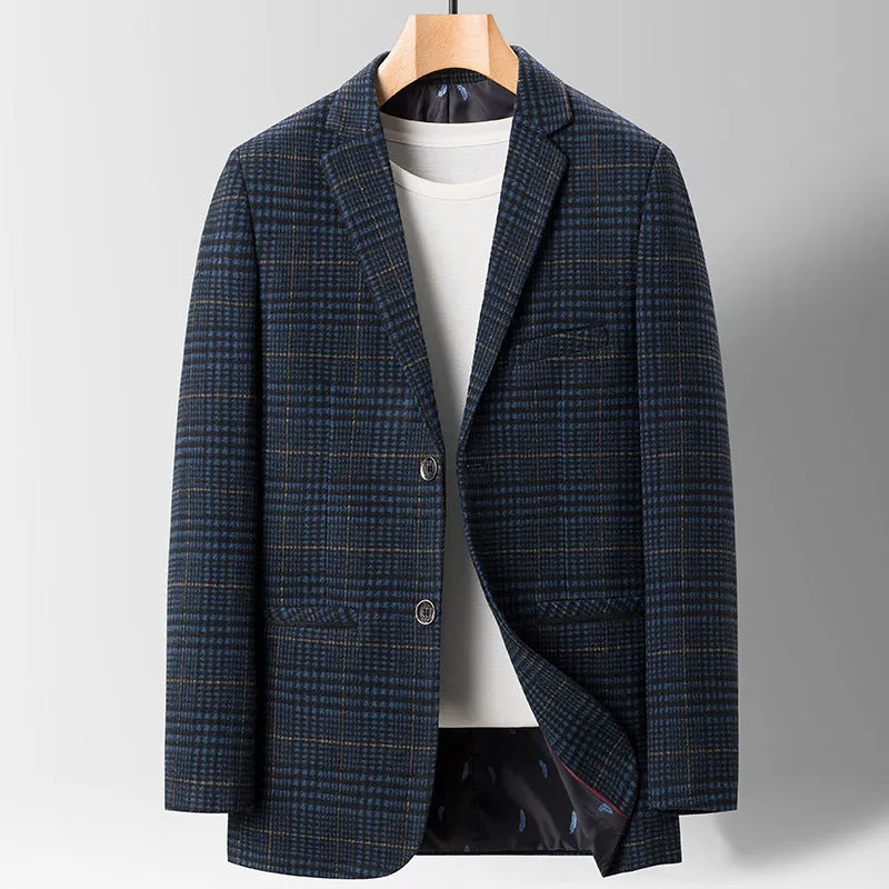 Men's plaid casual suit jacket in khaki colour, light business style made from polyester fibre