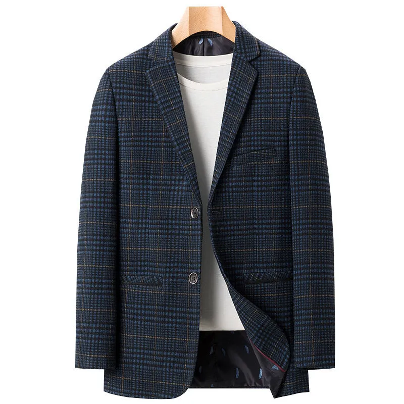 Men's plaid casual suit jacket in khaki colour, light business style made from polyester fibre