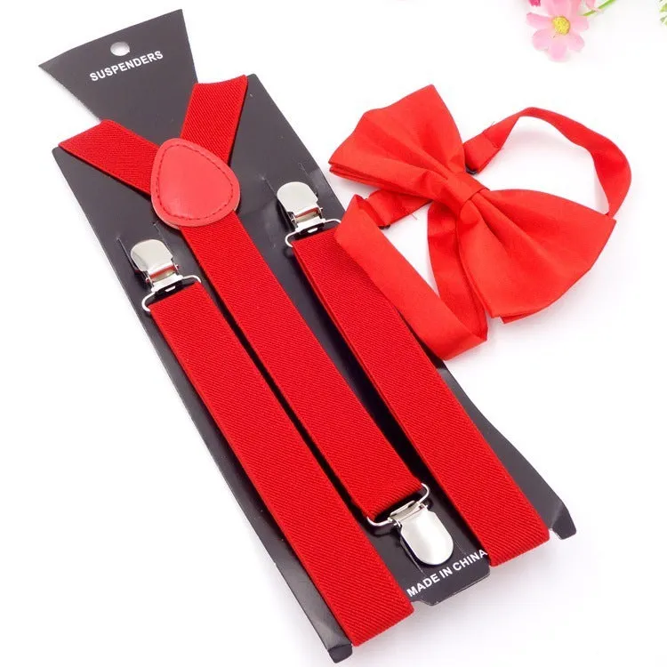 Men's back tie bow tie suspenders set in elastic webbing with snap fastening showing navy colour on a plain background