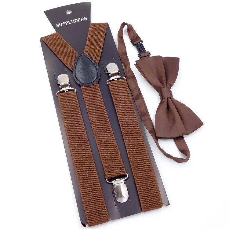 Men's back tie bow tie suspenders set in elastic webbing with snap fastening showing navy colour on a plain background