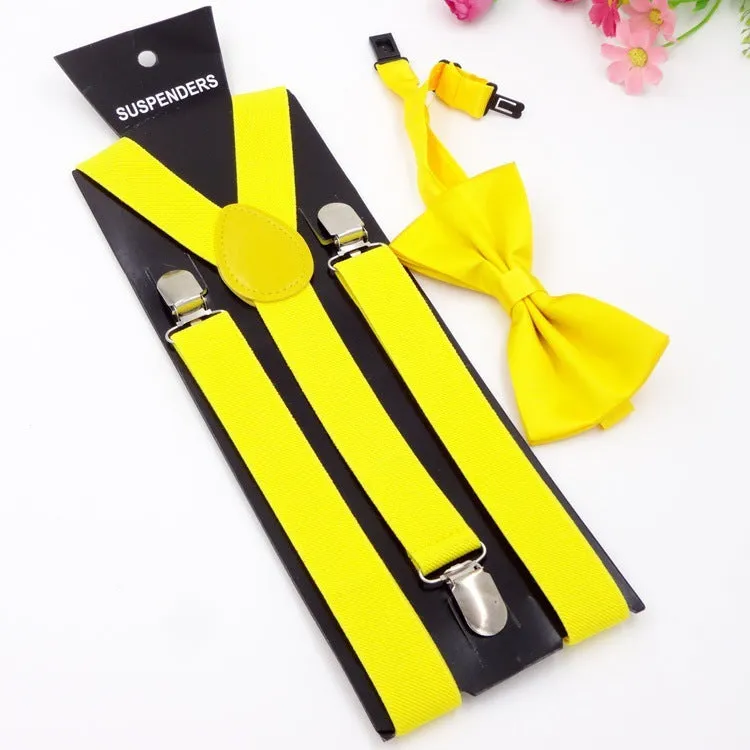 Men's back tie bow tie suspenders set in elastic webbing with snap fastening showing navy colour on a plain background