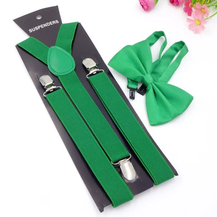Men's back tie bow tie suspenders set in elastic webbing with snap fastening showing navy colour on a plain background