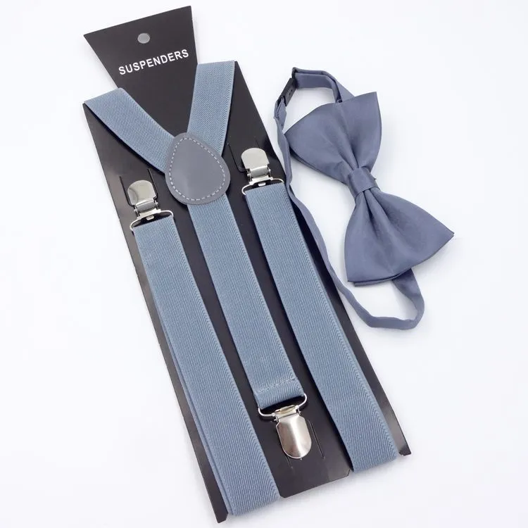 Men's back tie bow tie suspenders set in elastic webbing with snap fastening showing navy colour on a plain background
