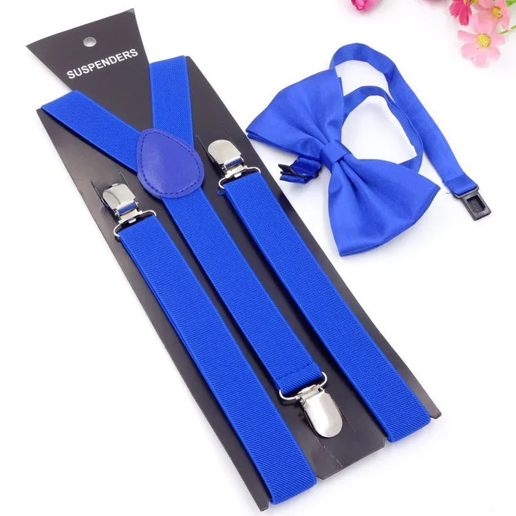 Men's back tie bow tie suspenders set in elastic webbing with snap fastening showing navy colour on a plain background