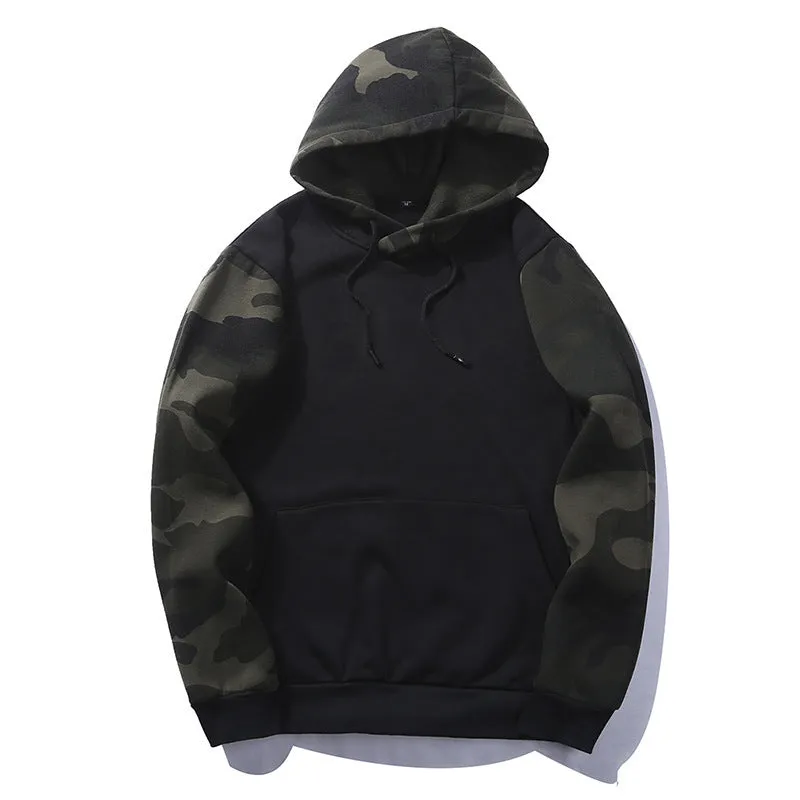 Men's casual sweater, camouflage colour block, hooded, polyester, Army Green colour, front view