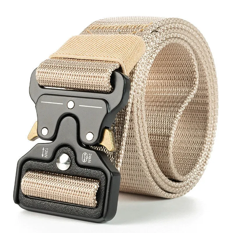Men's tactical canvas belt with alloy release buckle showing black colour option