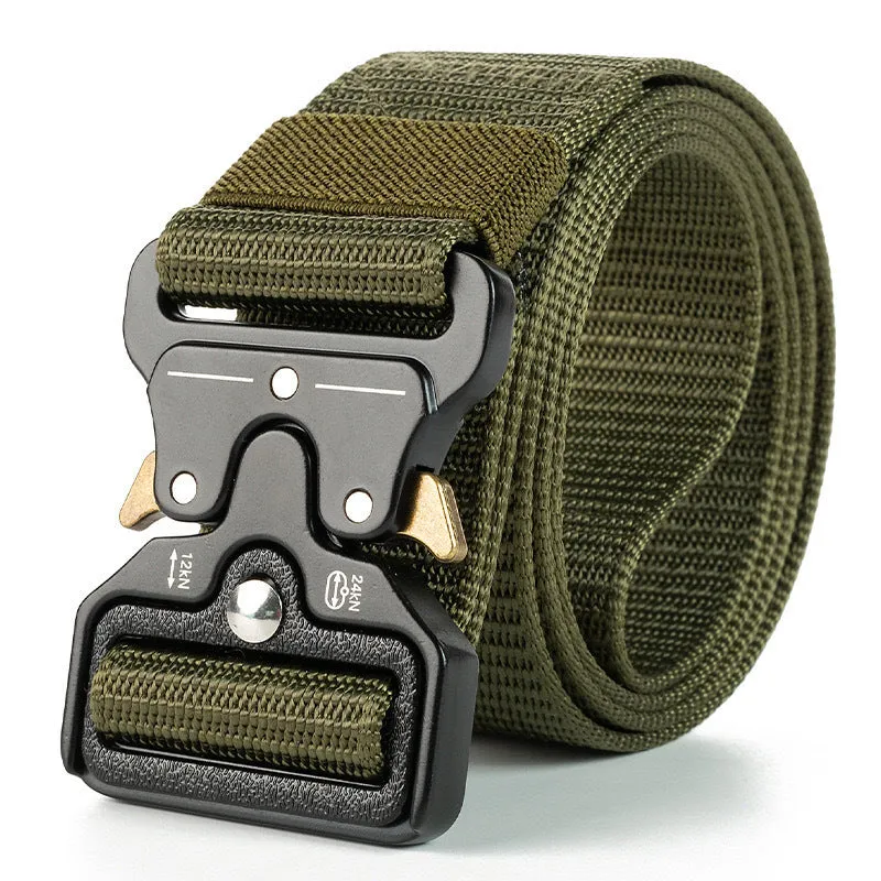 Men's tactical canvas belt with alloy release buckle showing black colour option