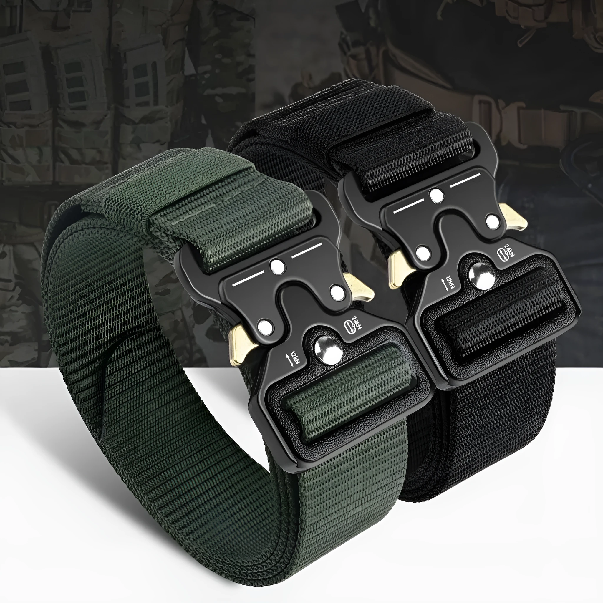 Men's tactical canvas belt with alloy release buckle showing black colour option
