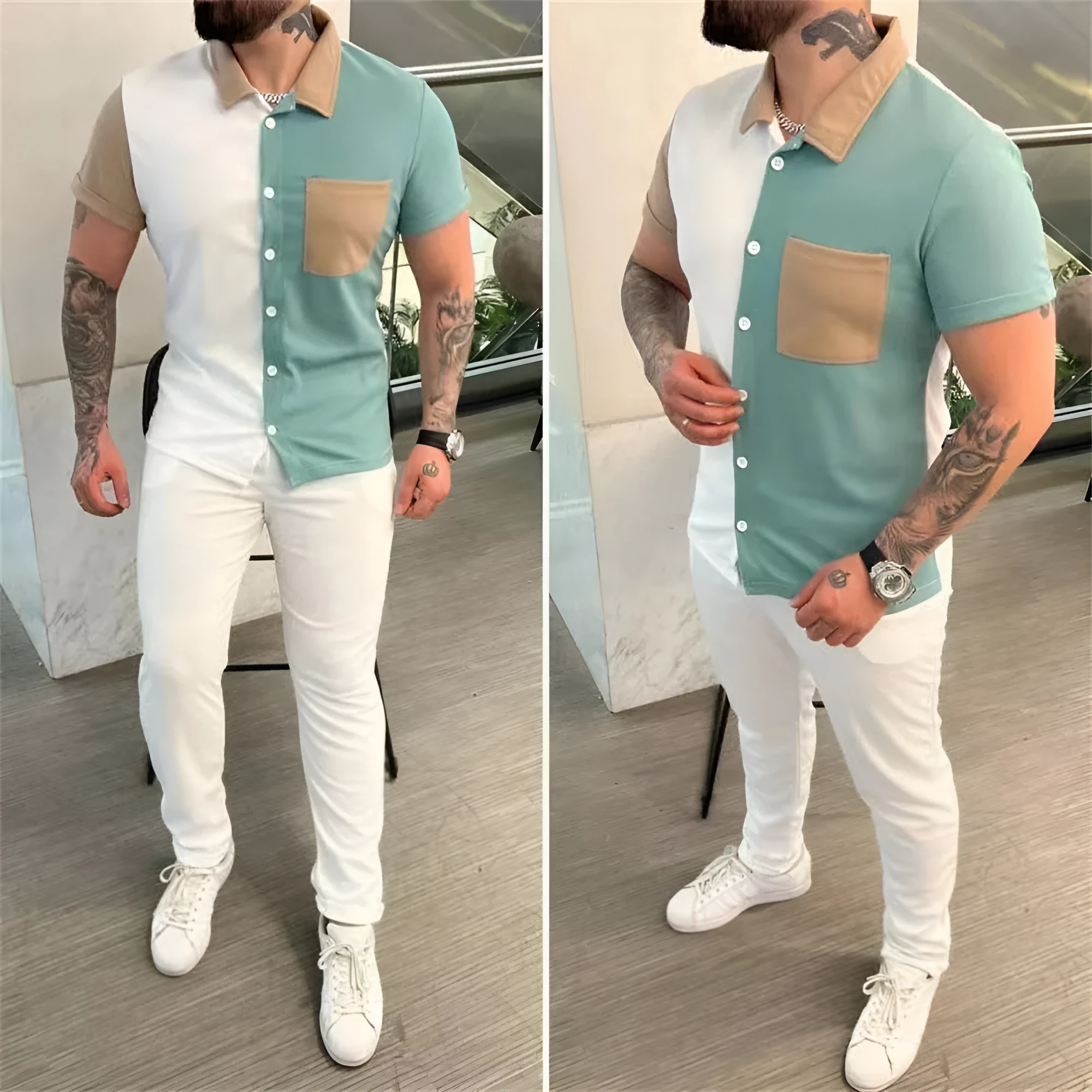Men's colour-matching short-sleeved shirt and trousers casual sports suit in green, white, red, and wheat colour options