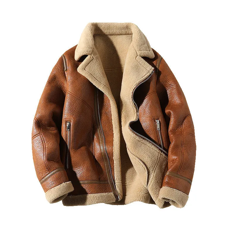 Plus size women's PU leather coat with faux fur collar in camel colour, fleece-lined for winter