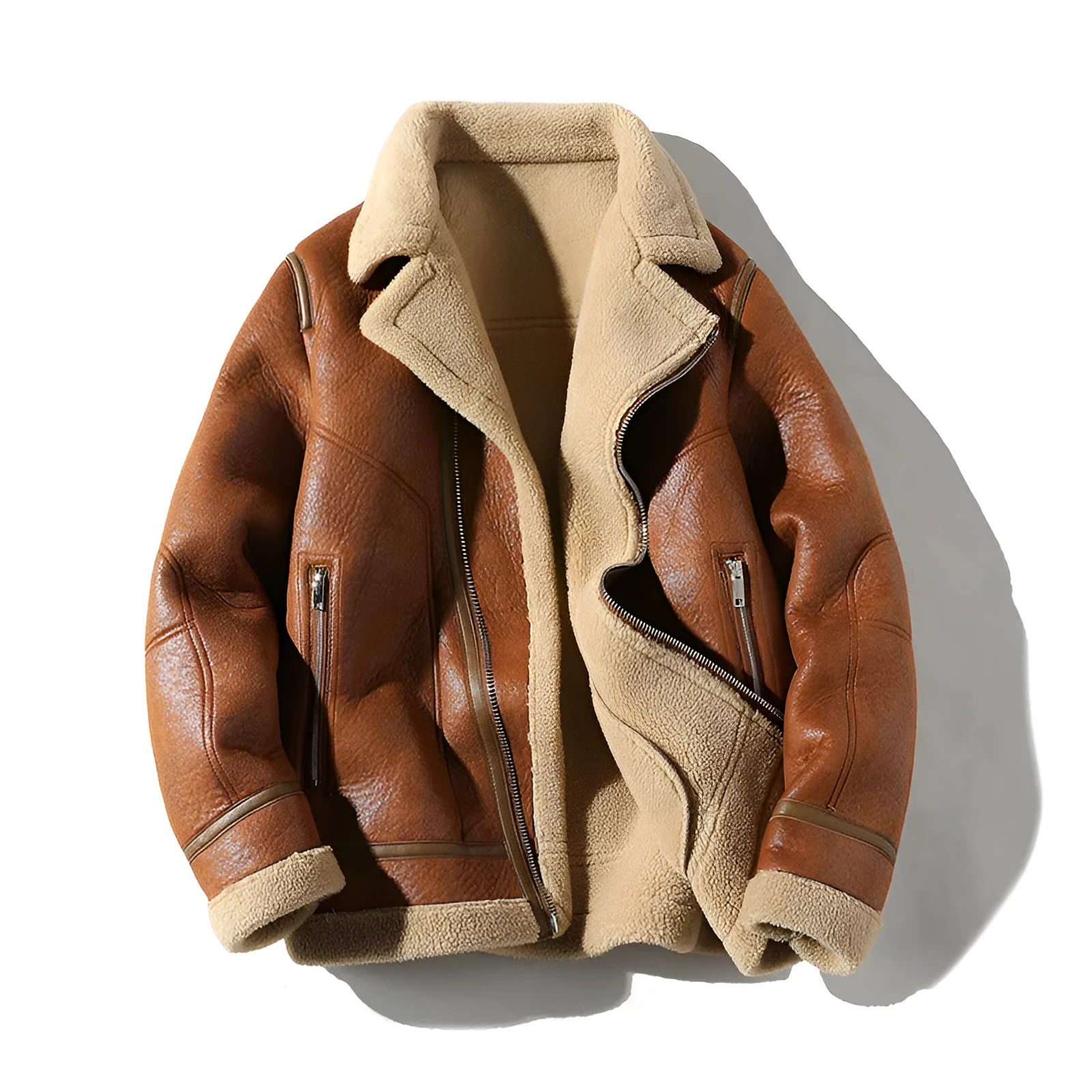 Plus size women's PU leather coat with faux fur collar in camel colour, fleece-lined for winter